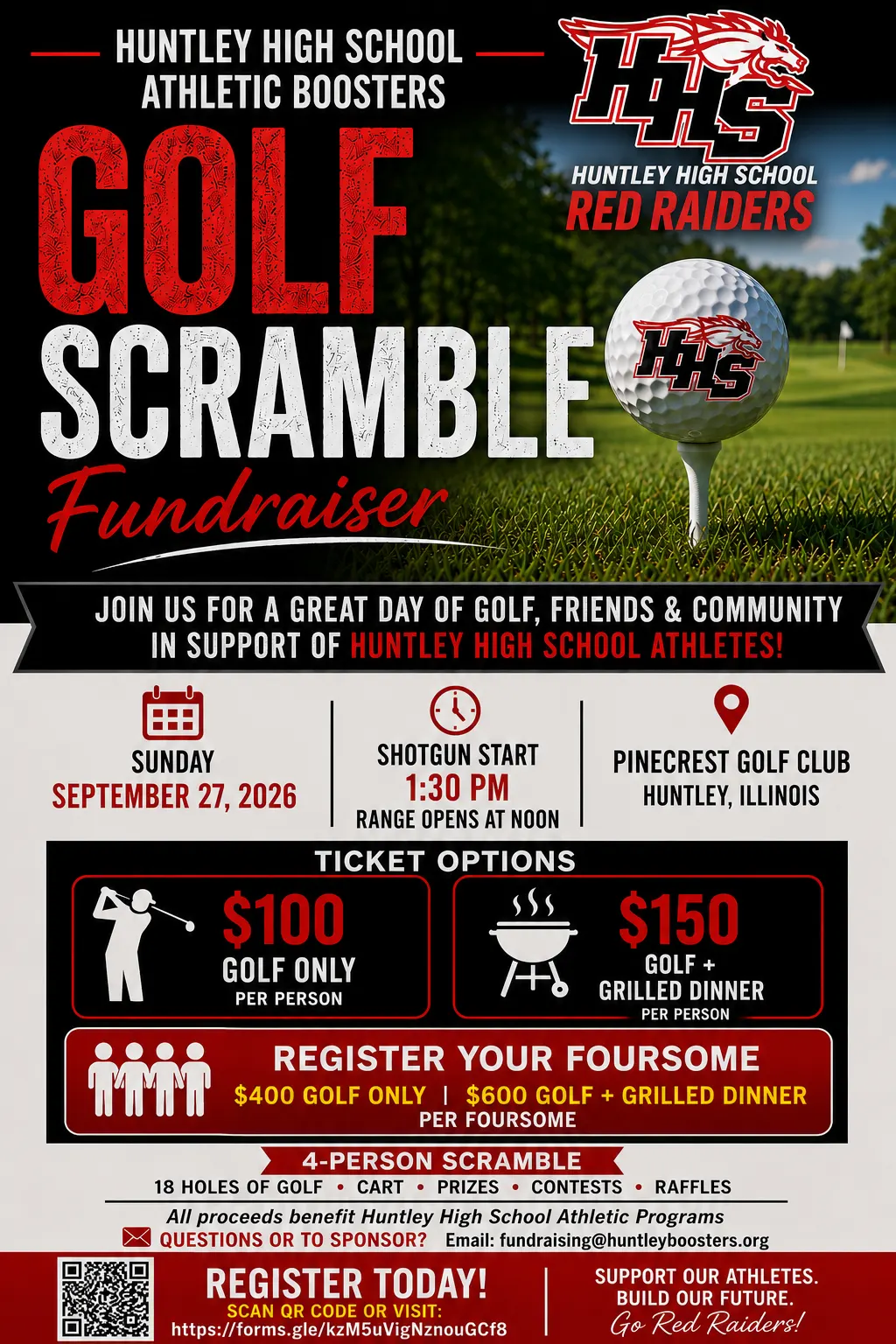 Huntley Athletic Boosters Golf Scramble Fundraiser flyer for Sunday, September 27, 2026 at Pinecrest Golf Club